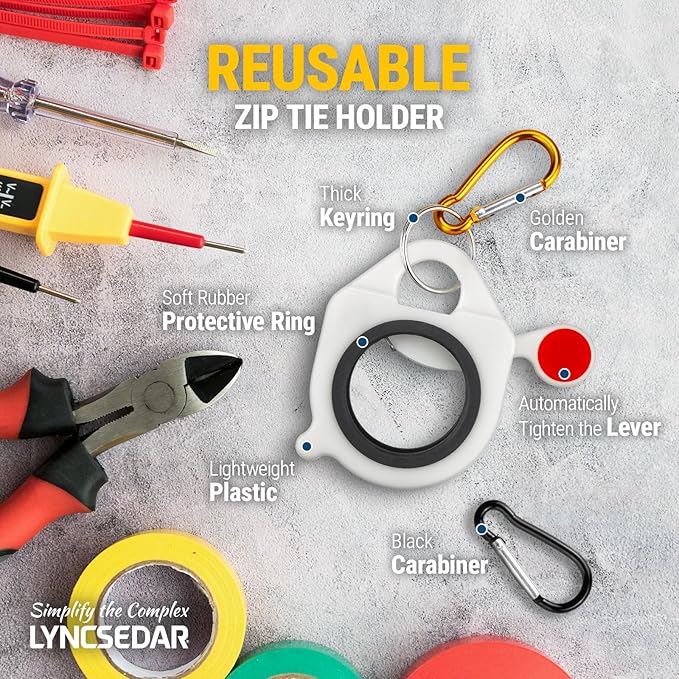 Zip Tie Holder, 2 Pack White & Yellow Reusable Cable Tie Holder, No.5 Carabiner, ABS Plastic, Outdoor Use, Heavy Duty Ziptie Organizer Clip for Electrician Tool Belt Wrap Storage Container