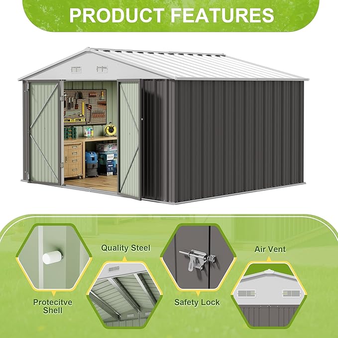 JUMMICO 10 x 8 FT Outdoor Storage Shed, Large Metal Garden Shed & Tool Sheds for Backyard Garden Patio Lawn (Grey)
