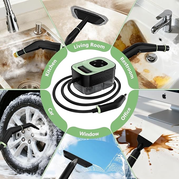 Steam Cleaner, Portable Steamer for Cleaning with 16pcs Accessories, 6-Level Adjustable, 15s Heat-Up, Handheld Steam Cleaner for Home for Tile, Grease, Dirt, Grout, Car Detailing, Green