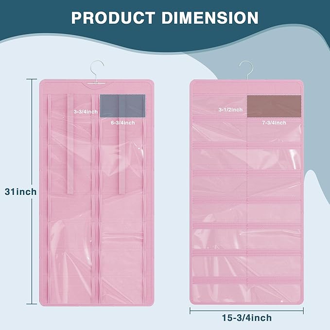 Hanging Sunglasses Organizer and Storage, Dual-Sided Sunglasses Case and Jewelry Holder, Wall-Mounted, 32 Clear Slots, Dust-Proof, Roof Design for Travel, Pink