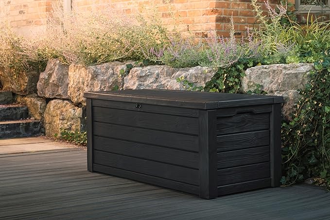 Keter Westwood 150 Gallon Resin Large Outdoor Storage Box for Patio Furniture, Outdoor Cushions, Garden Tools and Pool Floats, Dark Grey