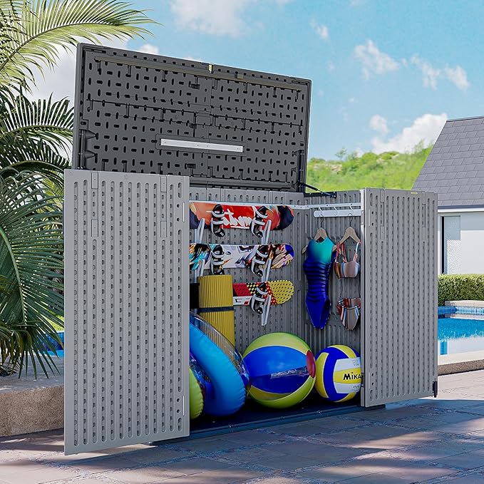 AOXUN Horizontal Storage Sheds 41 Cu.ft, HDPE Outdoor Storage Box 160 Gallon, Waterproof Lockable Resin Deck Box with Spring-Assisted Lid, Patio Storage for Garden, Pool, Cushions, Tools, Gray