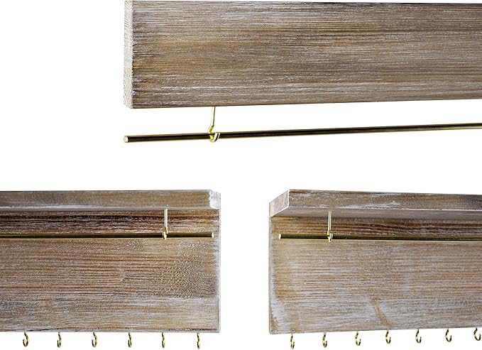 Spiretro Wall Mounted Wood Jewelry Organizer with Metal Bars, Set of 2