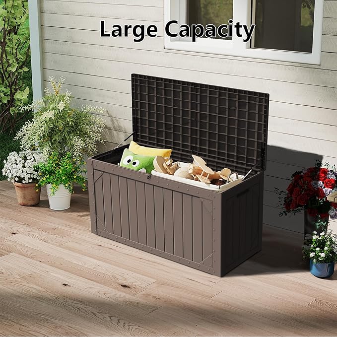 Outdoor Storage Box, 100 Gallon Resin Deck Box Waterproof for Patio Furniture, Garden Tools and Pool Accessories, Lockable UV-Resistant Storage Bin Bench Cabinet for Outside, Brown