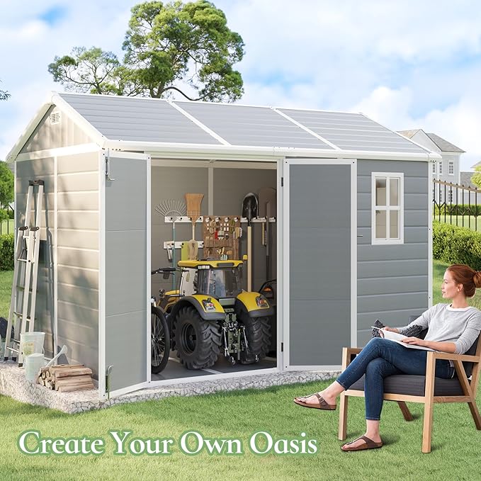 10.5 x 7.6 x 7.5 ft Outdoor Resin Storage Shed with Floor, Windows & Air Vents, Large Waterproof Tool Shed for Garden,Backyard,Lawn Equipment & Bikes,Grey