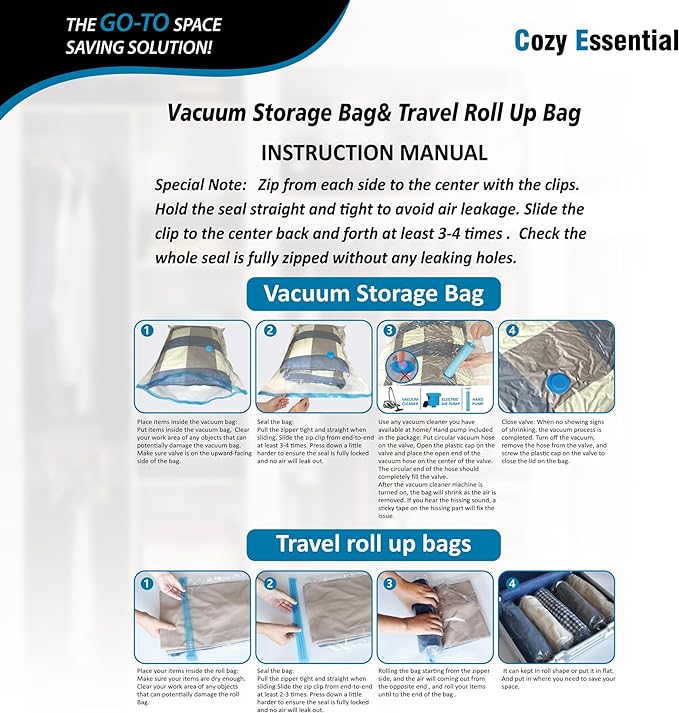 Cozy Essential 20 Pack Vacuum Storage Bags, Space Saver Bags (4 Jumbo/4 Large/4 Medium/4 Small/4 Roll) Compression for Comforters and Blankets, Pillow, Bedding, Sealer Clothes Storage