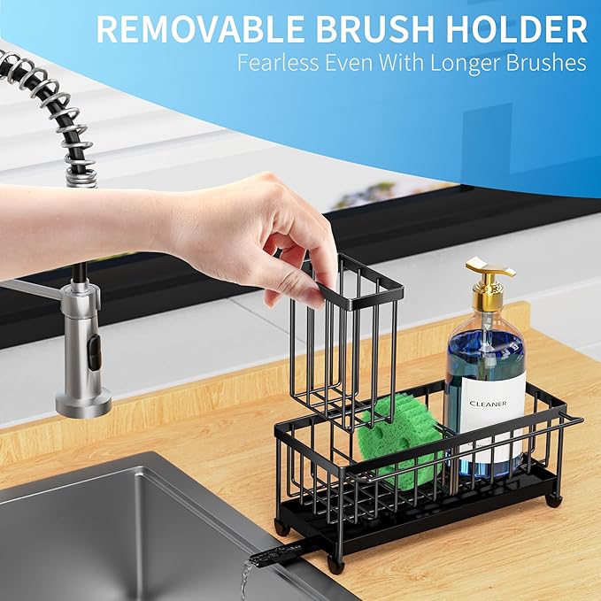 Cisily Sponge Holder for Kitchen Sink, Sink Caddy Organizer with High Brush Holder, Kitchen Countertop Organizers and Storage Essentials, Rustproof 304 Stainless Steel (Black With Towel Rack, 9.25″)