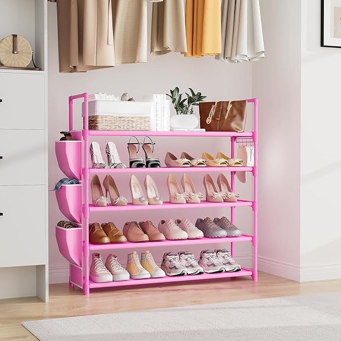 Shoe Rack for Closet Shoe Organizer Space Saver Storage for 20-25 Pair Shoe Shelf with Hook and Side Pocket Free Standing 5 Tier Shoe Rack Organizer for Entryway,Small Spaces, Pink