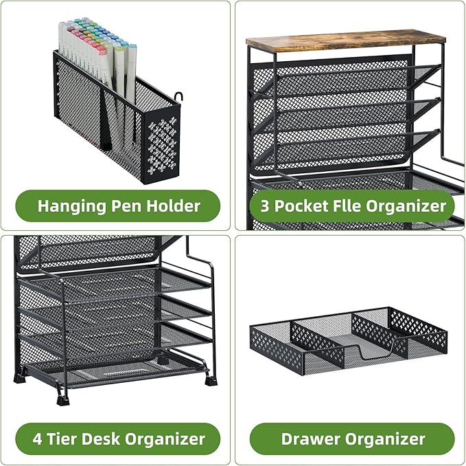 8 Tier Desk File Organizer with Sliding Drawer, Desktop Organizers and Accessories, Letter Size File Organizer for Desk, Black