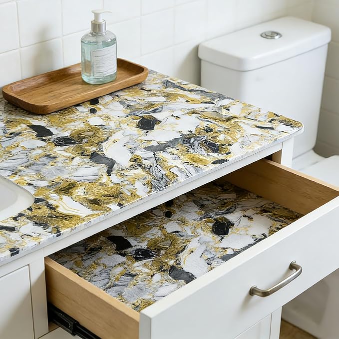 Drawer and Shelf Liner - Yellow Black Marble Pattern,Non Adhesive Non Slip Waterproof Easy-Clean Liner for Kitchen Cabinet, Refrigerator, Bathroom, Pantry Storage Drawers, 12 in x 20 Ft