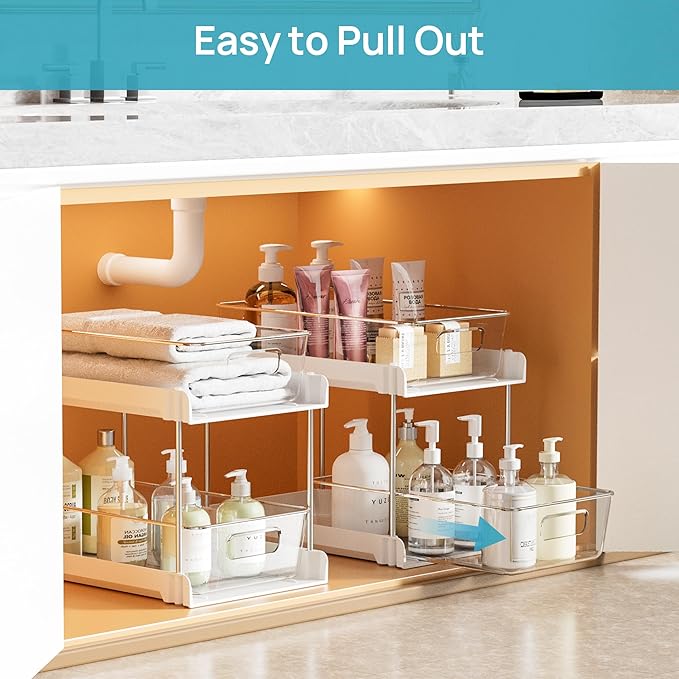 Vtopmart 2 Pack Bathroom Organizer, 2 Tier White Under Sink Organizers Vanity Countertop Storage Container,Cabinet Drawers Bins, Pull-Out Organization with Track for Pantry, Kitchen