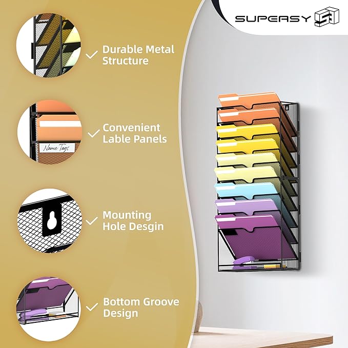 SUPEASY 10Tier Hanging Wall File Holder Organizer for Papers, Folders, Files Clipboard & Magazine Organization Great for Office Home, Assembly Needed, Black