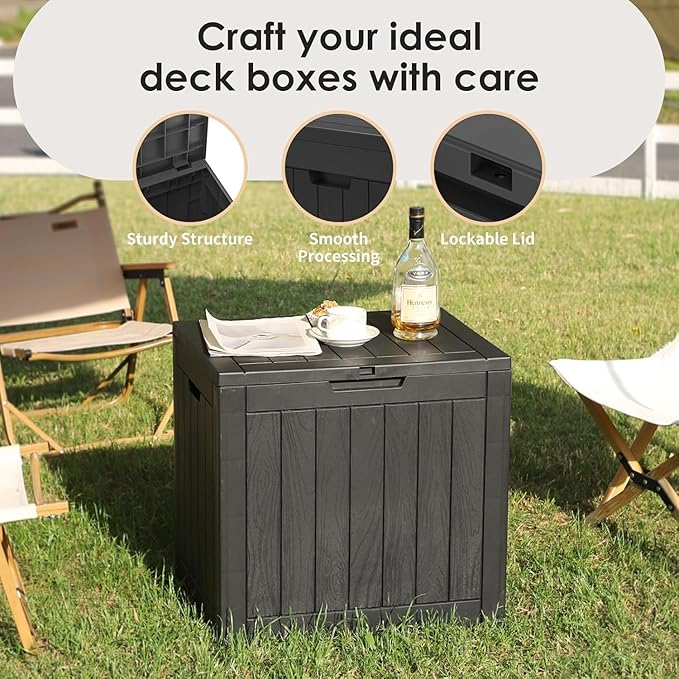 35 Gallon Lockable Resin Outdoor Storage Box, Waterproof & Weather Resistant Deck Box for Patio Cushion, Garden Tools & Pool Accessories, Black