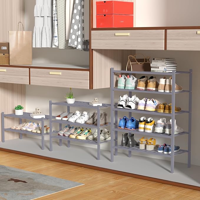 5 Tier Bamboo Shoe Rack for Closet Free Standing Wood Shoe Shelf for Entryway Small Space Stackable 27"x11"x33" (Grey)