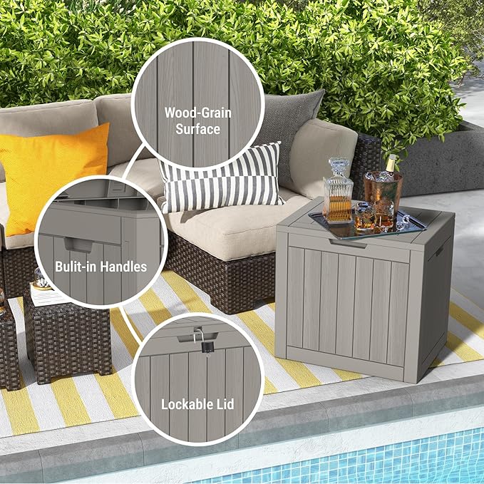 Mars Villa 31 Gallon Deck Box, Waterproof Weatherproof and UV Resistant Resin Storage Bin with Lockable Lid, for Outdoor Patio Furniture Cushions, Pool Supplies, Garden Tools, Greige