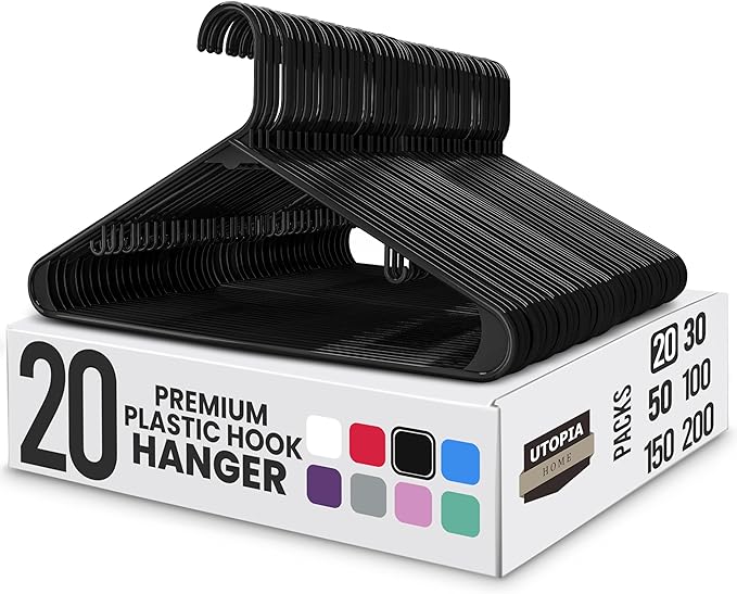 Utopia Home Plastic Hangers Pack - Clothes Hanger with Hooks - Durable & Space Saving for Coat & Other Clothing Black Pack of 20