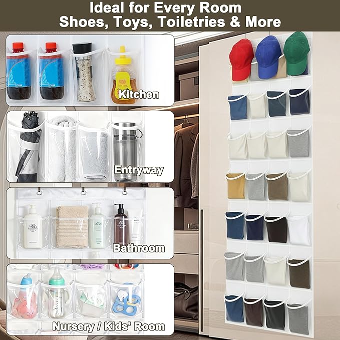 Over The Door Shoe Organizer - 2 Pack Shoe Rack for Door with 24 Pockets and Hooks, Shoe Holder Back of Door Organizers for Shoes, Hanging Shoe Organizer for Space Saving, White