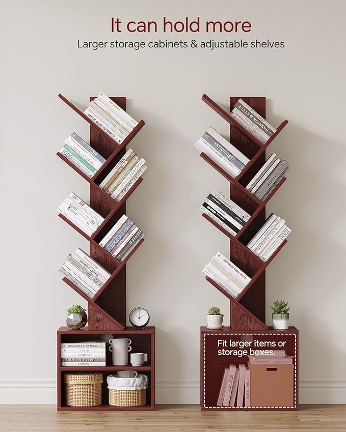 SUNMORY 6 Tier Tree Bookshelf, Tall Bookcase with Storage Cabinet, Modern Narrow Bookshelves Organizer, Floor Standing Book Shelf for Bedroom/Living Room/Home Office/Corner, Cherry