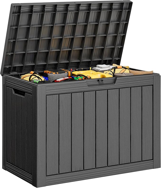 45 Gallon Outdoor Storage Box, Resin Deck Boxes Outdoor Waterproof For Patio Furniture, Garden Tools, Pool Supplies, Lockable And UV Resistant (Striped Black)