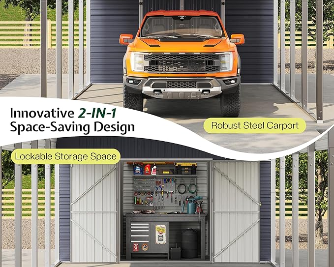 Jocisland 12x24 FT 2-in-1 Carport & Storage Shed, Heavy Duty Carport with Galvanized Steel Roof, 12x4.2 FT Metal Shed with 2 Transparent Panels & Double Doors, Car Canopy for Cars, Boats, Trucks