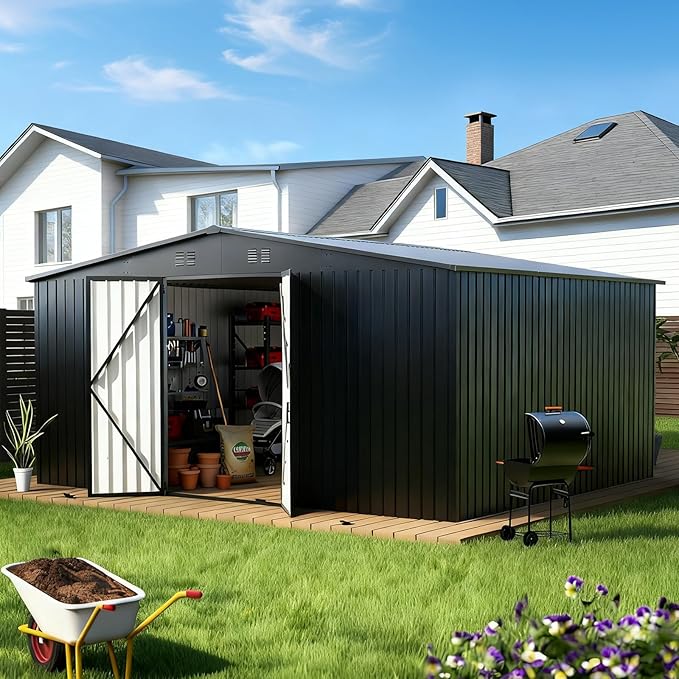 14X12 FT Outdoor Storage Shed, Metal Garden Tool Shed with Updated Frame Structure and Lockable Doors, Ideal for Backyard Garden Patio Lawn
