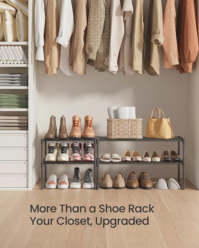SONGMICS Shoe Rack, 2-Tier Shoe Organizer, Metal Storage Shelf, Upright or Upside Down, for 6-9 Pairs, Stackable, for Entryway, 11.8 x 26.8 x 13.2 Inches, Black ULSA202B01