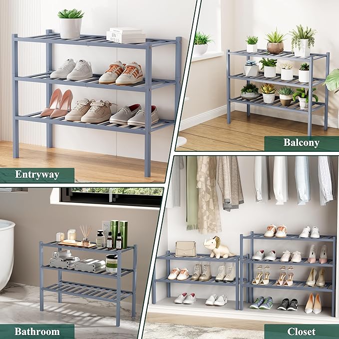 Smiry Shoe Rack, 4 Tier Small Bamboo Shoe Organizer, Stackable Free Standing Wooden Shoe Storage Shelf for Closet, Entryway, Front Door Entrance, Grey