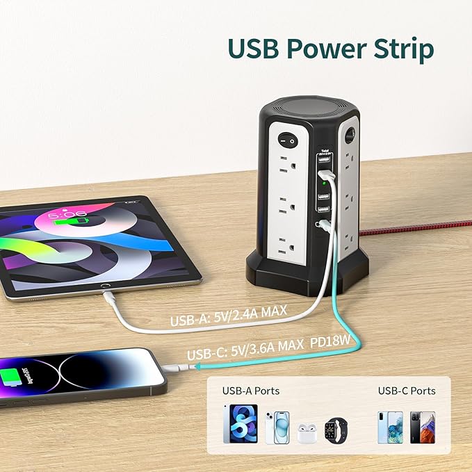 10FT Extension Cord with Multiple Outlets|PASSUS Surge Protector Power Strip with USB C(PD18W) Port|Flat Plug Braided Cord|Tower Outlets with USB Ports,Overload Protection for Home Office DormRoom