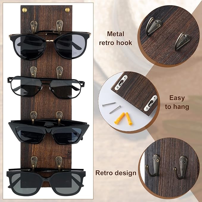 Moxweyeni Set of 2 Rustic Mounted Sunglasses Storage Organizer Wood Eyeglasses Holder Sunglass Rack Eyeglasses Display Rack with Metal Hooks Glasses Wall Decor Hanging Jewelry Organizers for Home