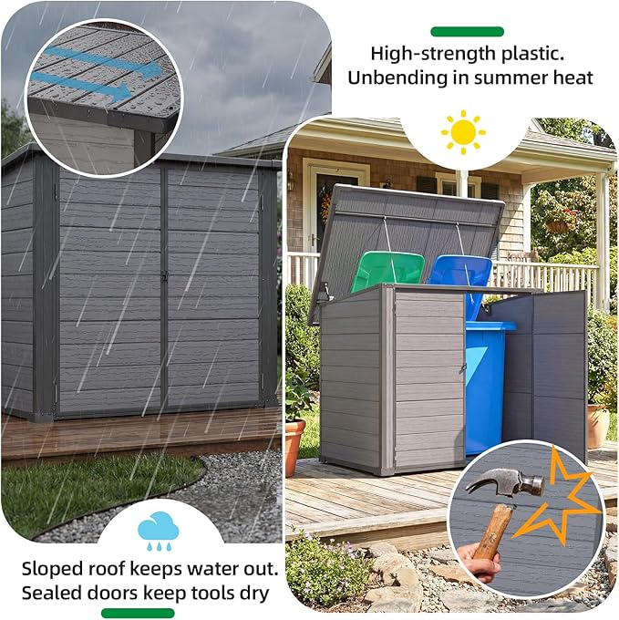 U-MAX Resin Outdoor Trash Can Storage Shed with Reinforced Floor, Plastic Garbage Can Shed for 2x64 Gal Cans, Waterproof Outdoor Horizontal Storage Box Cabinet Sheds & Outdoor Storage Clearance