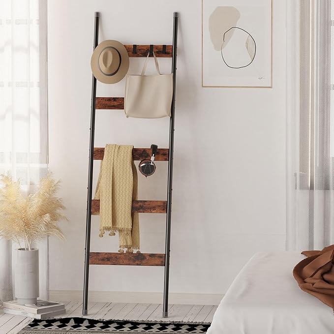 Blanket Ladder, 5-Tier Towel Holder with 4 Removable Hooks, Farmhouse Wall Leaning Decorative Rack Shelf, Wooden Towel Display Rack, Quilt Ladder for Living Room, Bedroom, Rustic Brown