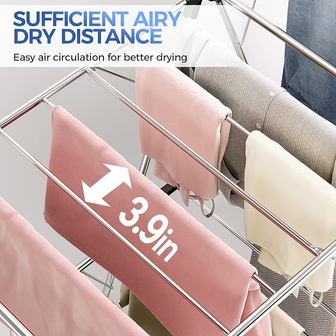 APEXCHASER Clothes Drying Rack, Foldable 2-Level Drying Rack Clothing, Stainless Steel Free-Standing Laundry Airer, with Height-Adjustable 4 Wings, Matte Black