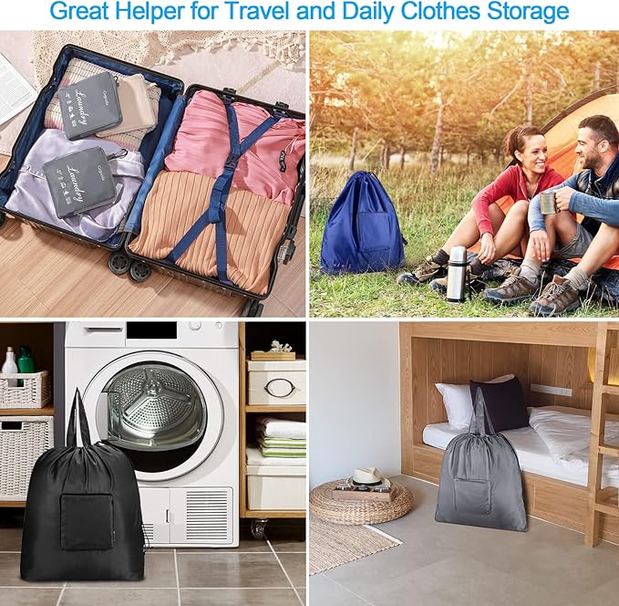 GOGOODA Smell Proof Travel Laundry Bags for Dirty Clothes, 2 Pack Large Foldable Laundry Bag with Carabiner & Handle, Heavy Duty Luggage Organizer for Gym, Sports, Camping - 21 x 24 in, Grey