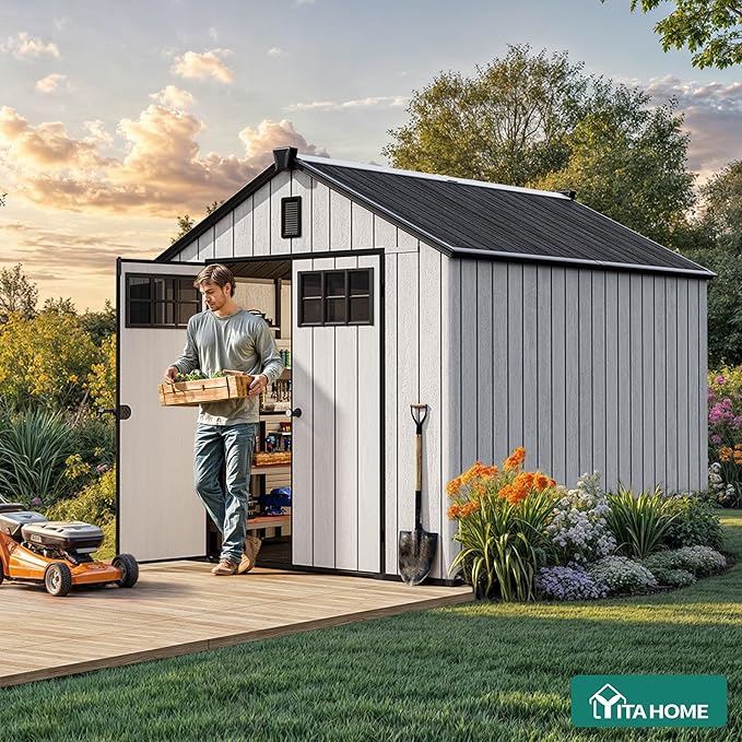 YITAHOME 8x10 FT Outdoor Storage Shed with Floor, Extra Thick Plastic Garden Shed for Bikes, Tools and Pool Supplies, Outdoor Resin Shed with Door Window Insert & Vents for Patio, Lawn, Backyard, Gray