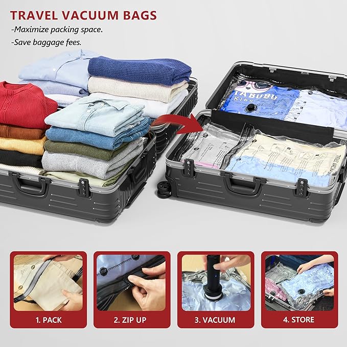 Travel Vacuum Bags for Clothing with Rechargeable Electric Pump, Compression Packing Cubes Organizer Storage for Luggage Suitcase, Space Saver Seal Bags for Vacation Cruise, 8 Medium