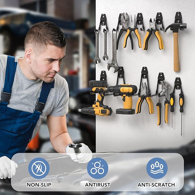 42 Pack Garage Hooks Heavy Duty, Rust-Resistant Solid Steel Wall Mount Hangers for Hanging Ladders & Bikes, Non-Slip PVC Coating Tool Organizer, 5 Sizes U & J Shapes + 6 Straps