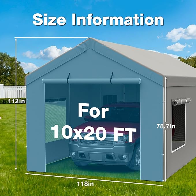 Carport Canopy Replacement Zipper Door Fits 10x20 FT Carport, Waterproof & UV Protected, Easy Assembly with Ball Bungees, Grey (Door Panel Only, 1 Pack)