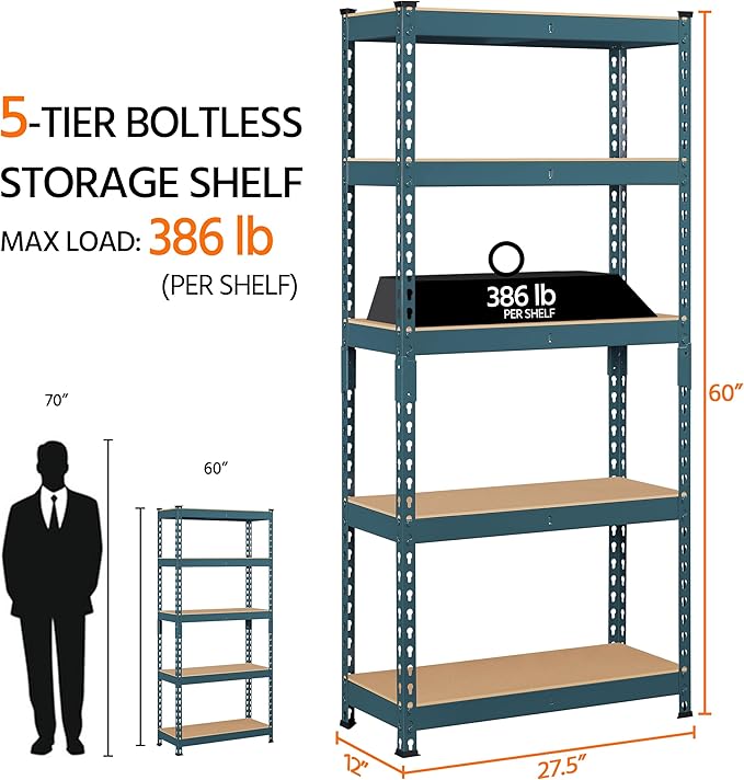 Topeakmart 5-Tier Utility Shelves, Metal Storage Shelves, Adjustable Shelving Units, Boltless Assembly, Garage Shelves Shed Shelving for Warehouse Shed Basement- Neptune Blue, 27.5 x 12x 60 Inch