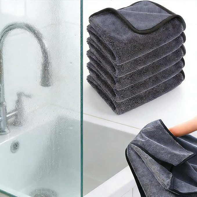 Shiny Shower Wipes Shower Cleaning Cloth, Super Absorbent Bath Towels, Shower Doors Drying Towels, Streak Free Glass Window Car Mirror Microfiber Cleaning Cloths (5, 10"X12")