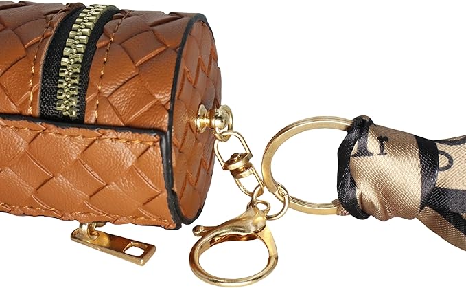 Lipstick storage bag with gold hardware key pendant, multifunctional mini bag, decorative scarf, can be hung on any bag, light brown