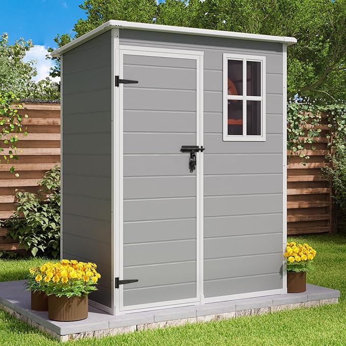 Gizoon 5x3 FT Resin Outdoor Storage Shed, Weather-Resistant Plastic Garden Tool Shed with Floor and Lockable Door for Backyard, Patio, Lawn, Grey