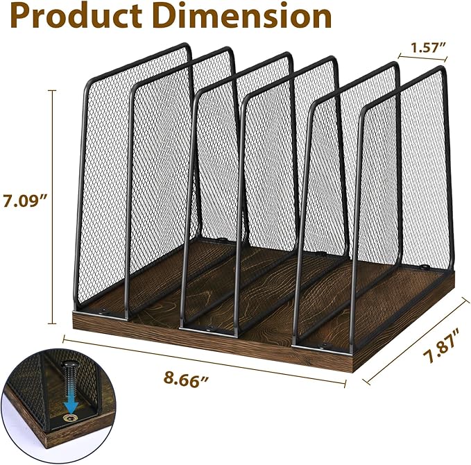 Desk File Organizer, 5-Section Upright File Sorter, Vertical File Folder Holder, Mesh Metal Wood Office Desktop Organization for Document, Magazine, Books and more (Wood and Black)