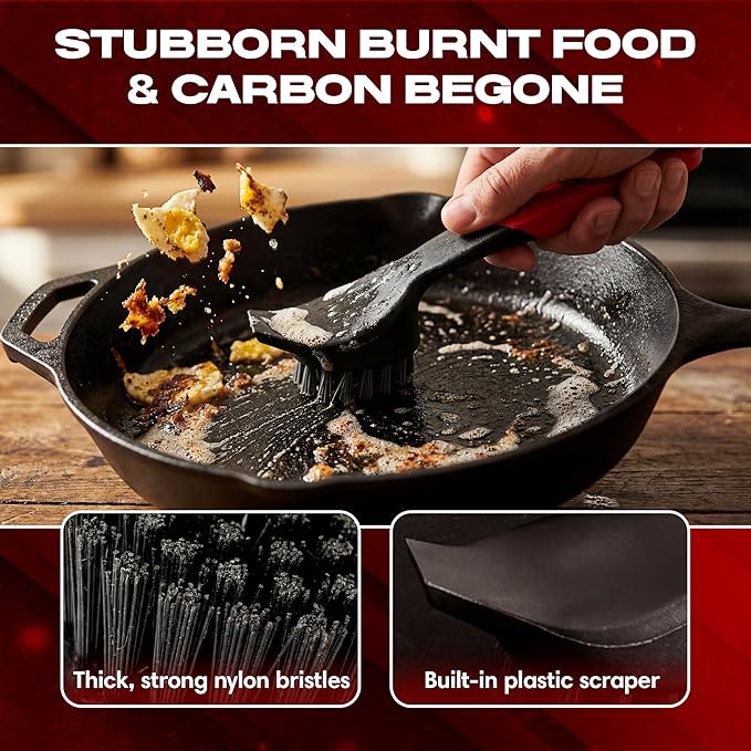 Cast Iron Scrub Brush & Scraper, Dish Scrubber Brush with Heavy Duty Scraper & Superior Nylon Bristles for Cleaning Cast Iron Pan & Skillets, Removes Grime, Grease & Food Build Up by Chef Master 90058