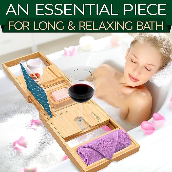 SereneLife Premium Bathtub Tray Caddy with Gift Box and Bow Set, Expandable Bath Tray, Unique House Warming Gifts for Mom, Women, Wedding, Anniversary, Bridal Shower, Fit for All Tub - Classic