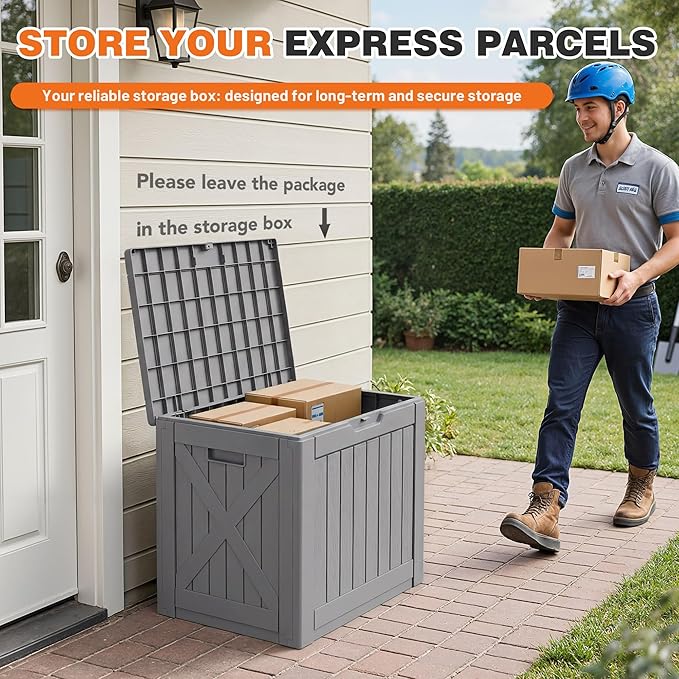 42 Gallon Outdoor Storage Box, Lockable Resin Deck Box for Patio, Yard, and Poolside, Waterproof & Sunproof Organizer for Furniture, Tools, Pool Supplies, Gray