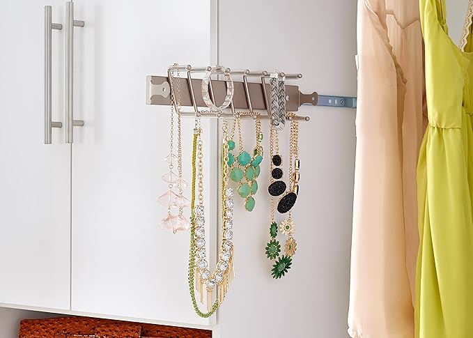 ClosetMaid SuiteSymphony Tie, Belt or Jewelry Rack, Sliding Slide Out Closet Organizer, 14 Hooks, Wall Mount or Add On Accessory, Satin Nickel