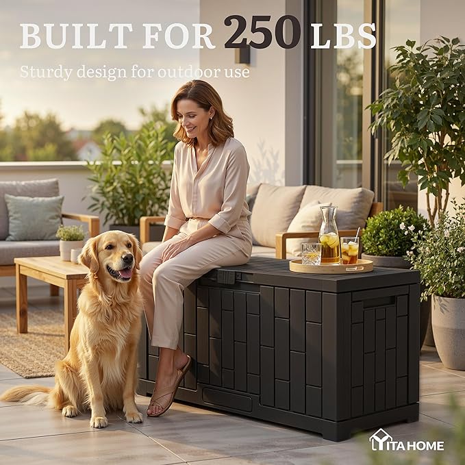 YITAHOME 60 Gallon Outdoor Storage Box, Lockable Resin Deck Box with Handles, Waterproof Outdoor Storage Box for Patio Furniture, Garden Tools and Pool Accessories, Black