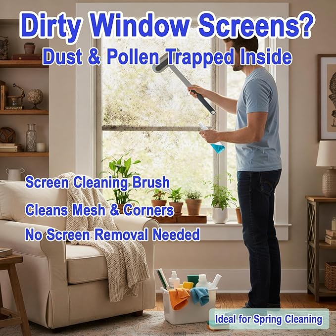 Window Screen Cleaning Brush Kit, Household Wet & Dry Cleaning Tool for Window Screens, Tracks and Frames, Includes Crevice Brush, Corner Brush, Microfiber Cloth and Hooks