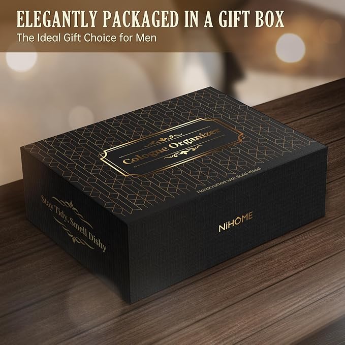 NiHome Handcrafted 3 Tier Wooden Cologne Organizer for Men, Mens Cologne Perfume Stand Organizer Solid Wood W/Hidden Compartments, Multi-Level Storage for Modern Gentleman's Accessory Organization