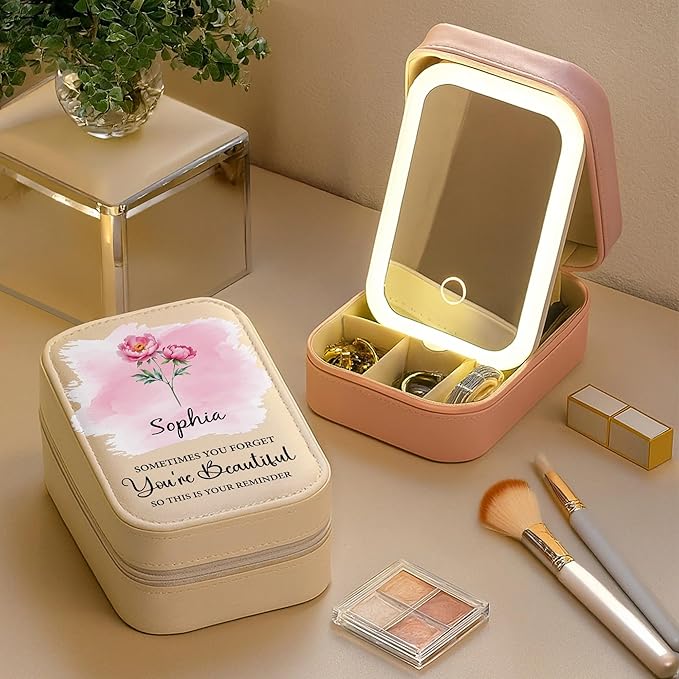 Sometimes You Forget You're Beautiful, Flower Reminder, Jewelry Box With LED Mirror, Gift For Daughter And Wife, Inspirational Gifts for Women, Personalized Birth Month Flower Travel Jewelry Organizer
